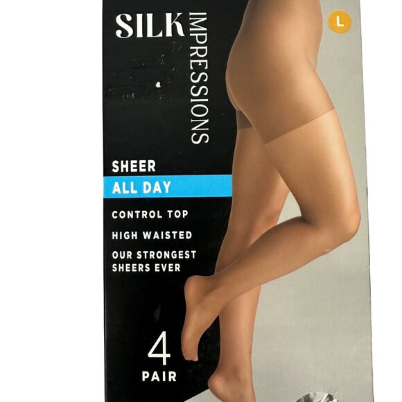 Silk Impressions Sheer All Day Control Top Pantyhose L 20 Denier Coffee 4-Pack - Picture 2 of 11